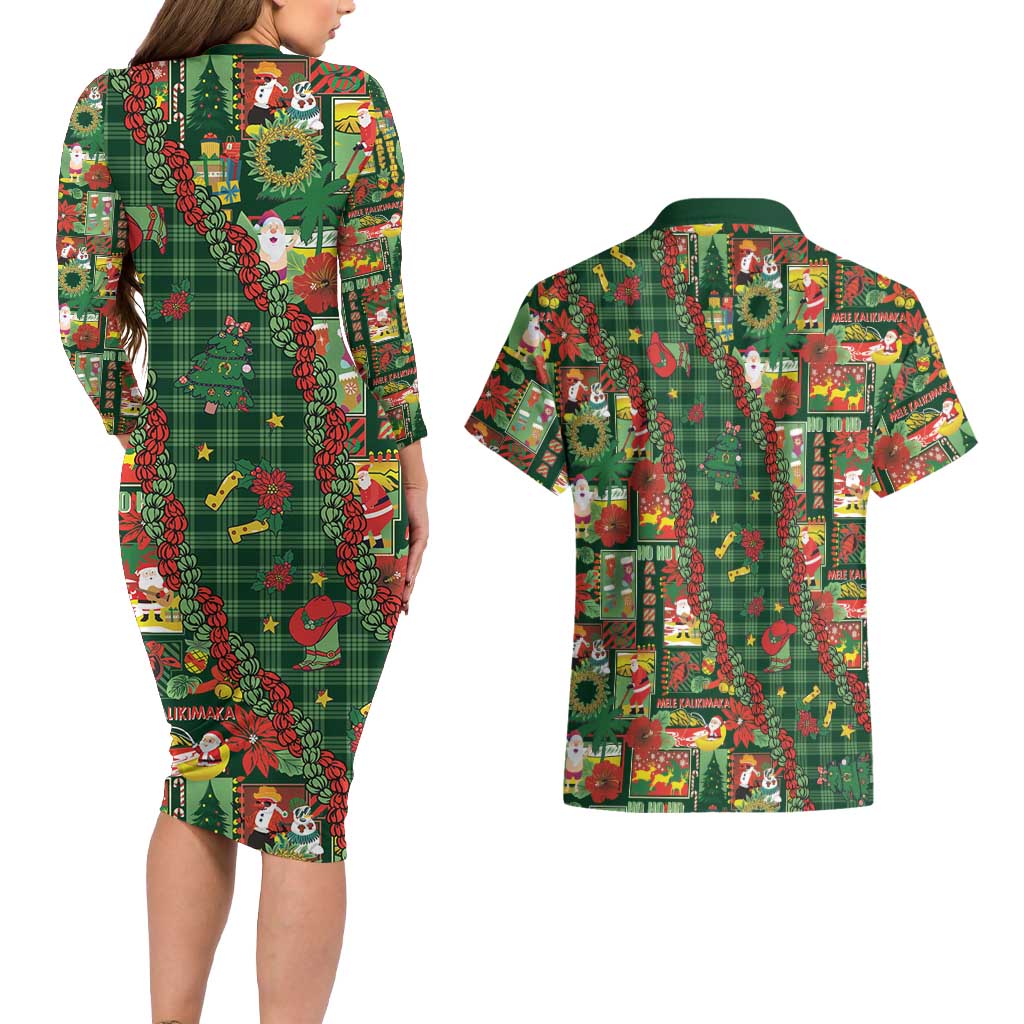 Mele Kalikimaka Pakalana Pikake Lei Couples Matching Long Sleeve Bodycon Dress and Hawaiian Shirt Hawaiian Rodeo Paniolo Ulaula Palaka LT9 - Polynesian Pride