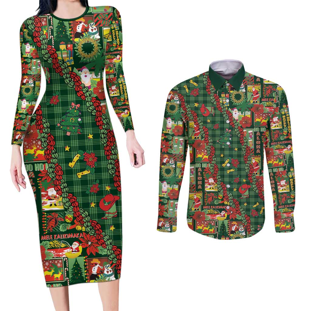 Mele Kalikimaka Pakalana Pikake Lei Couples Matching Long Sleeve Bodycon Dress and Long Sleeve Button Shirt Hawaiian Rodeo Paniolo Ulaula Palaka LT9 Red - Polynesian Pride
