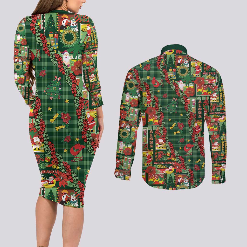 Mele Kalikimaka Pakalana Pikake Lei Couples Matching Long Sleeve Bodycon Dress and Long Sleeve Button Shirt Hawaiian Rodeo Paniolo Ulaula Palaka LT9 - Polynesian Pride