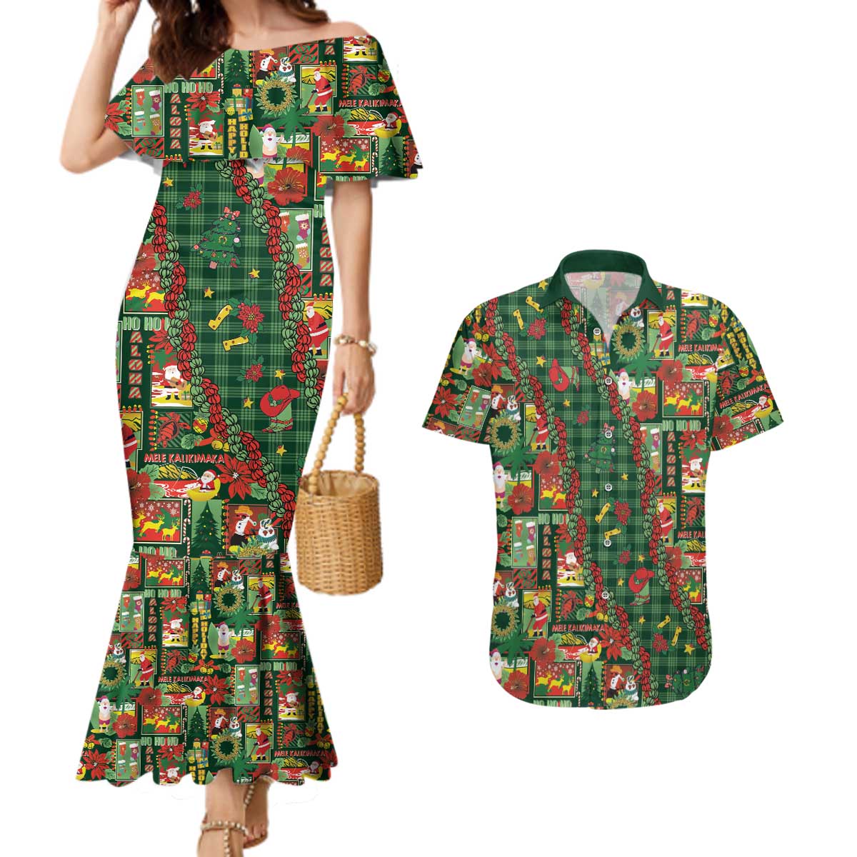 Mele Kalikimaka Pakalana Pikake Lei Couples Matching Mermaid Dress and Hawaiian Shirt Hawaiian Rodeo Paniolo Ulaula Palaka LT9 Red - Polynesian Pride
