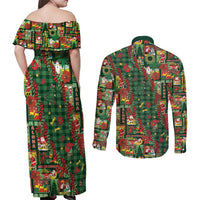 Mele Kalikimaka Pakalana Pikake Lei Couples Matching Off Shoulder Maxi Dress and Long Sleeve Button Shirt Hawaiian Rodeo Paniolo Ulaula Palaka LT9 - Polynesian Pride