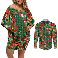 Mele Kalikimaka Pakalana Pikake Lei Couples Matching Off Shoulder Short Dress and Long Sleeve Button Shirt Hawaiian Rodeo Paniolo Ulaula Palaka LT9 Red - Polynesian Pride