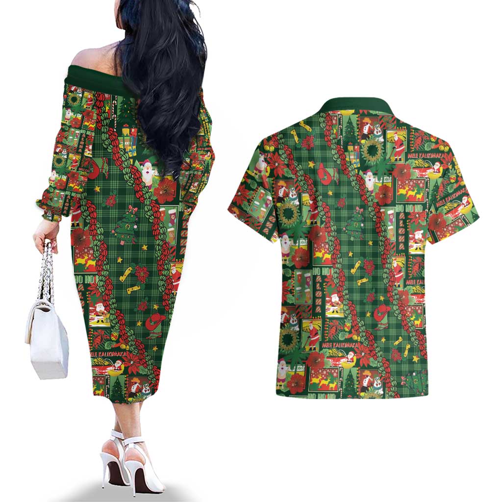 Mele Kalikimaka Pakalana Pikake Lei Couples Matching Off The Shoulder Long Sleeve Dress and Hawaiian Shirt Hawaiian Rodeo Paniolo Ulaula Palaka LT9 - Polynesian Pride