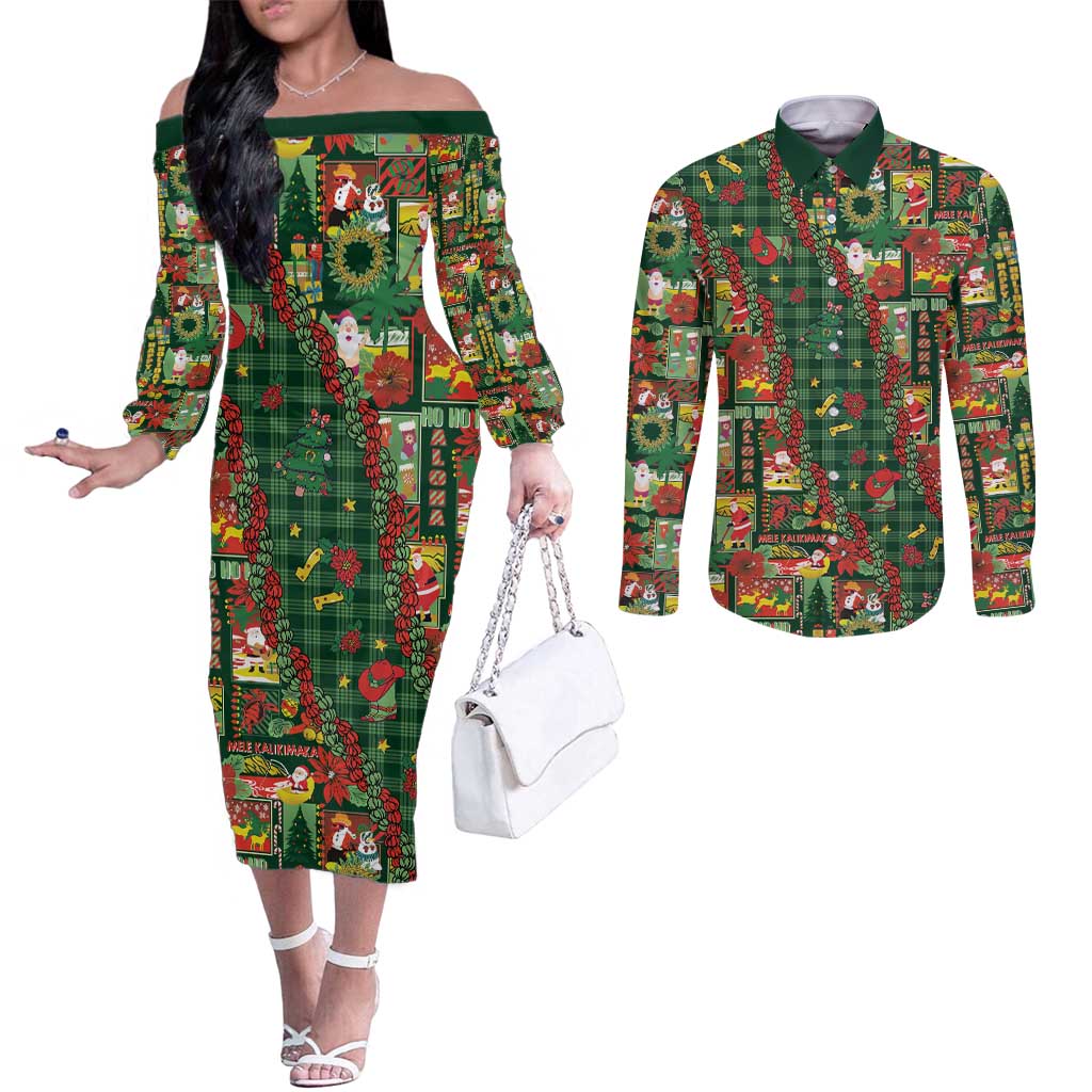 Mele Kalikimaka Pakalana Pikake Lei Couples Matching Off The Shoulder Long Sleeve Dress and Long Sleeve Button Shirt Hawaiian Rodeo Paniolo Ulaula Palaka LT9 Red - Polynesian Pride