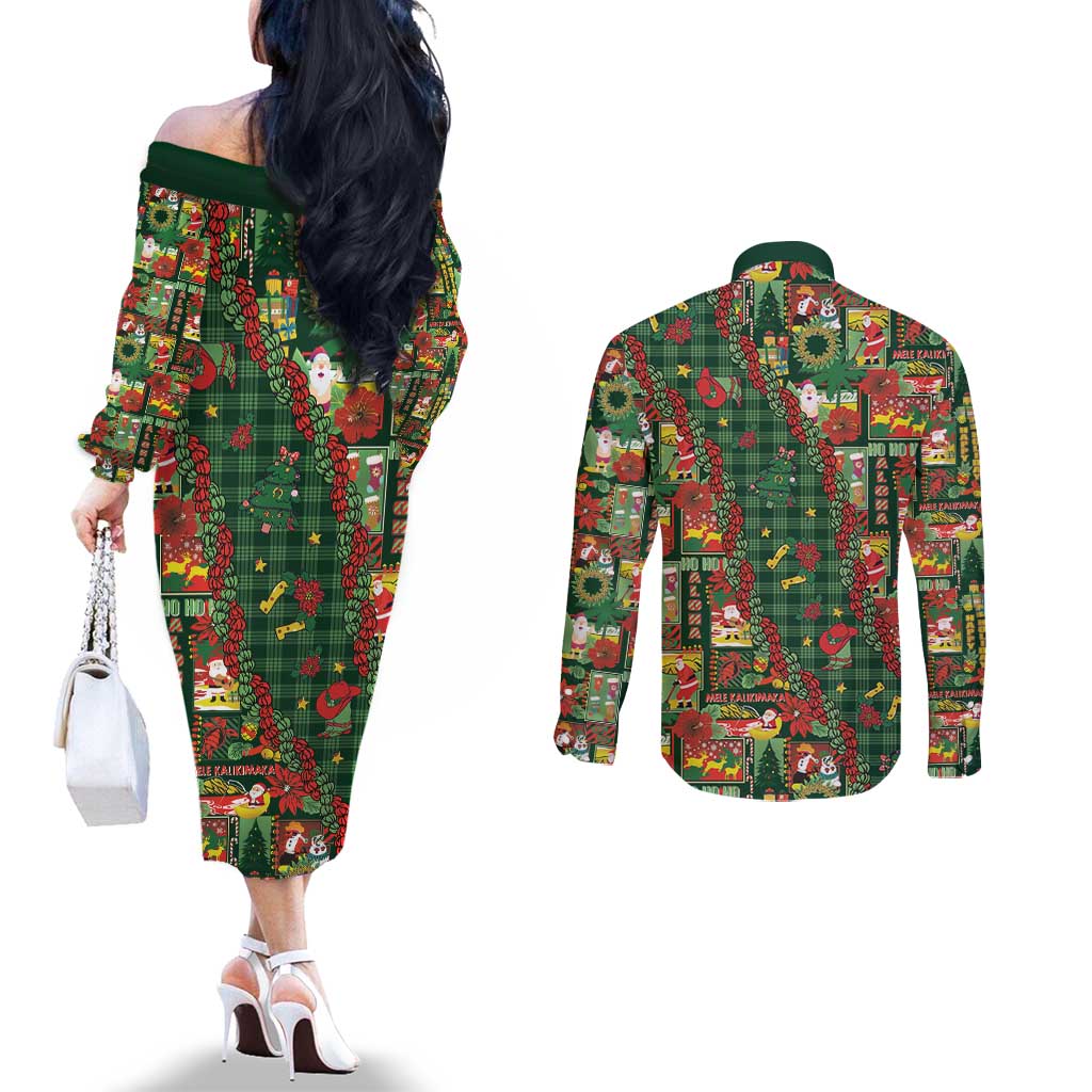 Mele Kalikimaka Pakalana Pikake Lei Couples Matching Off The Shoulder Long Sleeve Dress and Long Sleeve Button Shirt Hawaiian Rodeo Paniolo Ulaula Palaka LT9 - Polynesian Pride