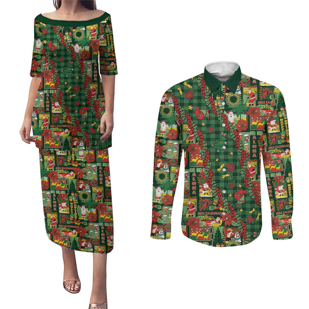 Mele Kalikimaka Pakalana Pikake Lei Couples Matching Puletasi and Long Sleeve Button Shirt Hawaiian Rodeo Paniolo Ulaula Palaka LT9 Red - Polynesian Pride