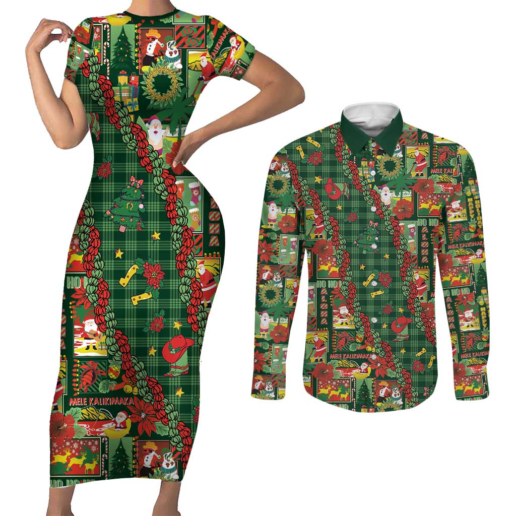 Mele Kalikimaka Pakalana Pikake Lei Couples Matching Short Sleeve Bodycon Dress and Long Sleeve Button Shirt Hawaiian Rodeo Paniolo Ulaula Palaka - Polynesian Pride