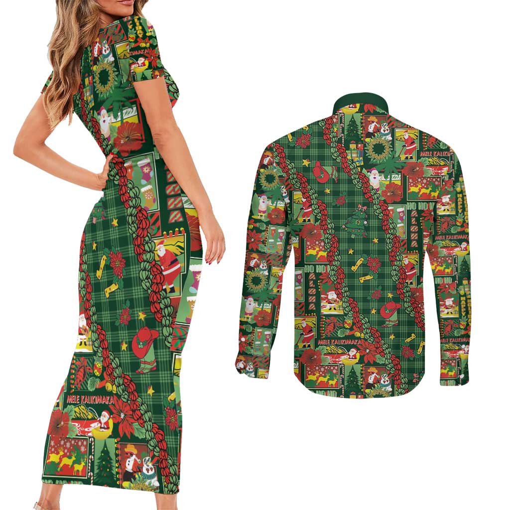 Mele Kalikimaka Pakalana Pikake Lei Couples Matching Short Sleeve Bodycon Dress and Long Sleeve Button Shirt Hawaiian Rodeo Paniolo Ulaula Palaka LT9 - Polynesian Pride
