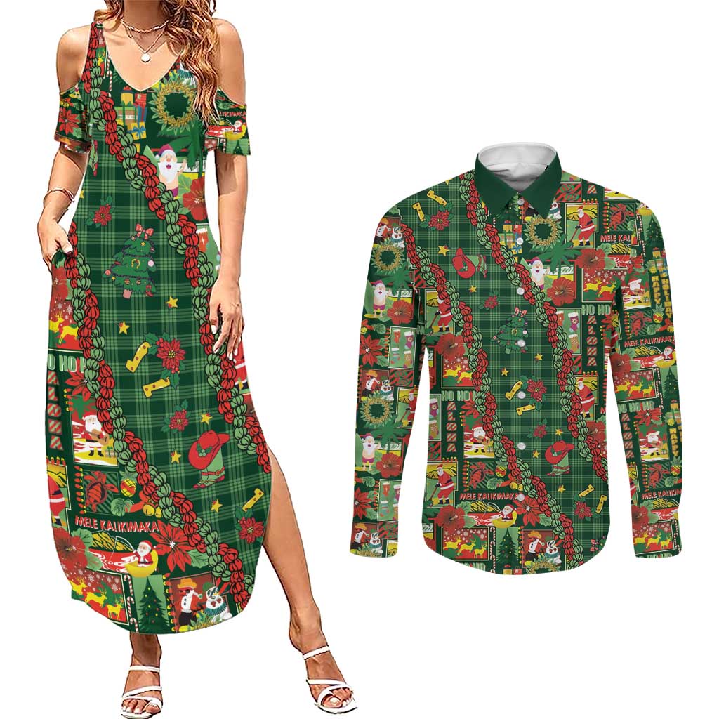 Mele Kalikimaka Pakalana Pikake Lei Couples Matching Summer Maxi Dress and Long Sleeve Button Shirt Hawaiian Rodeo Paniolo Ulaula Palaka - Polynesian Pride