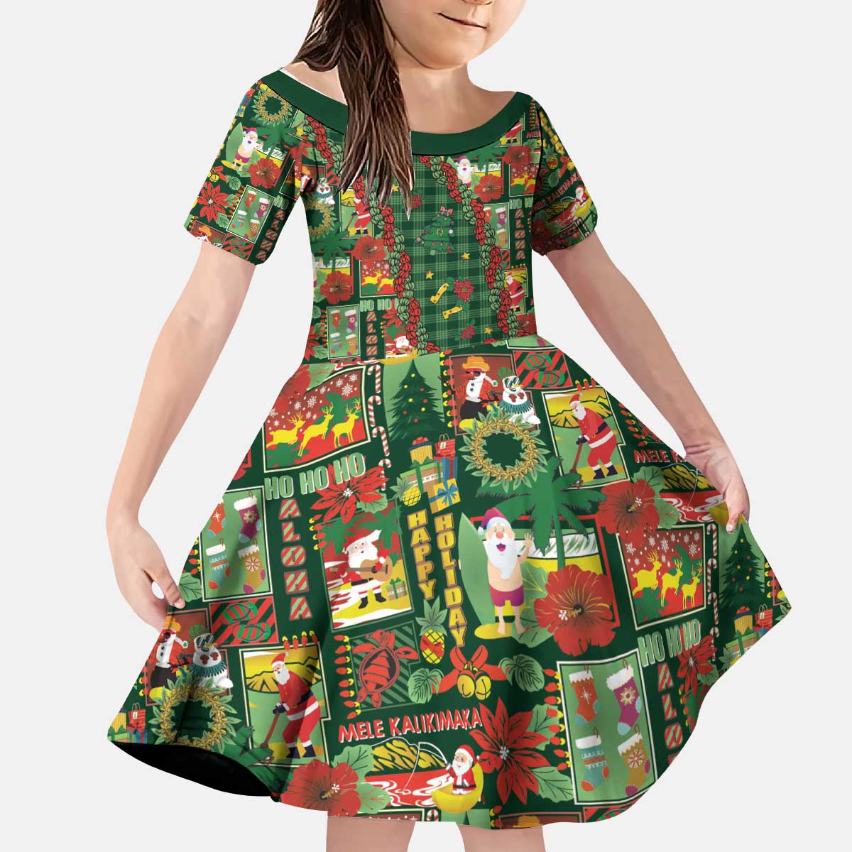 Mele Kalikimaka Pakalana Pikake Lei Kid Short Sleeve Dress Hawaiian Rodeo Paniolo Ulaula Palaka - Polynesian Pride