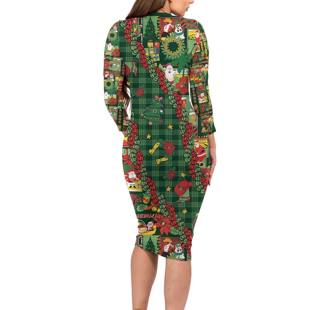 Mele Kalikimaka Pakalana Pikake Lei Long Sleeve Bodycon Dress Hawaiian Rodeo Paniolo Ulaula Palaka LT9 - Polynesian Pride