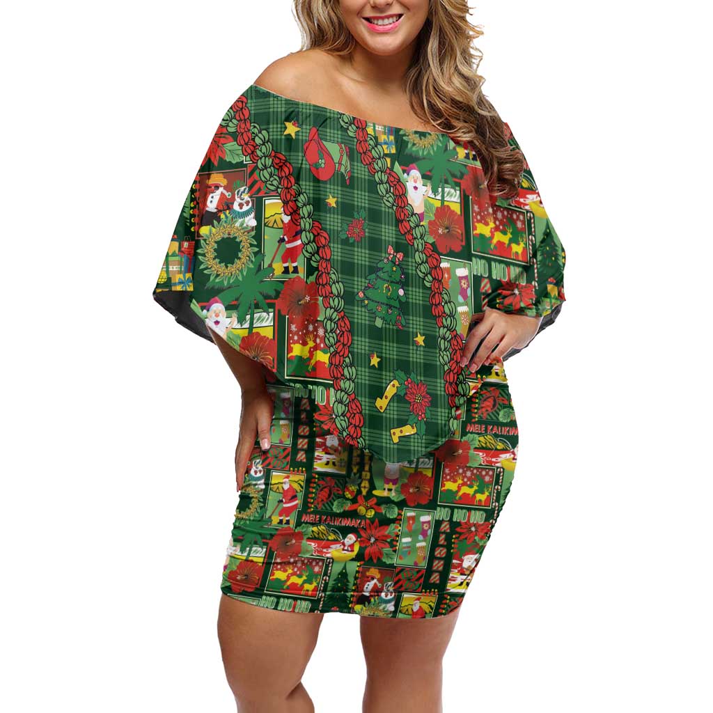 Mele Kalikimaka Pakalana Pikake Lei Off Shoulder Short Dress Hawaiian Rodeo Paniolo Ulaula Palaka - Polynesian Pride