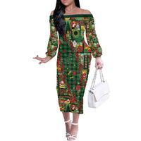 Mele Kalikimaka Pakalana Pikake Lei Off The Shoulder Long Sleeve Dress Hawaiian Rodeo Paniolo Ulaula Palaka LT9 Women Red - Polynesian Pride