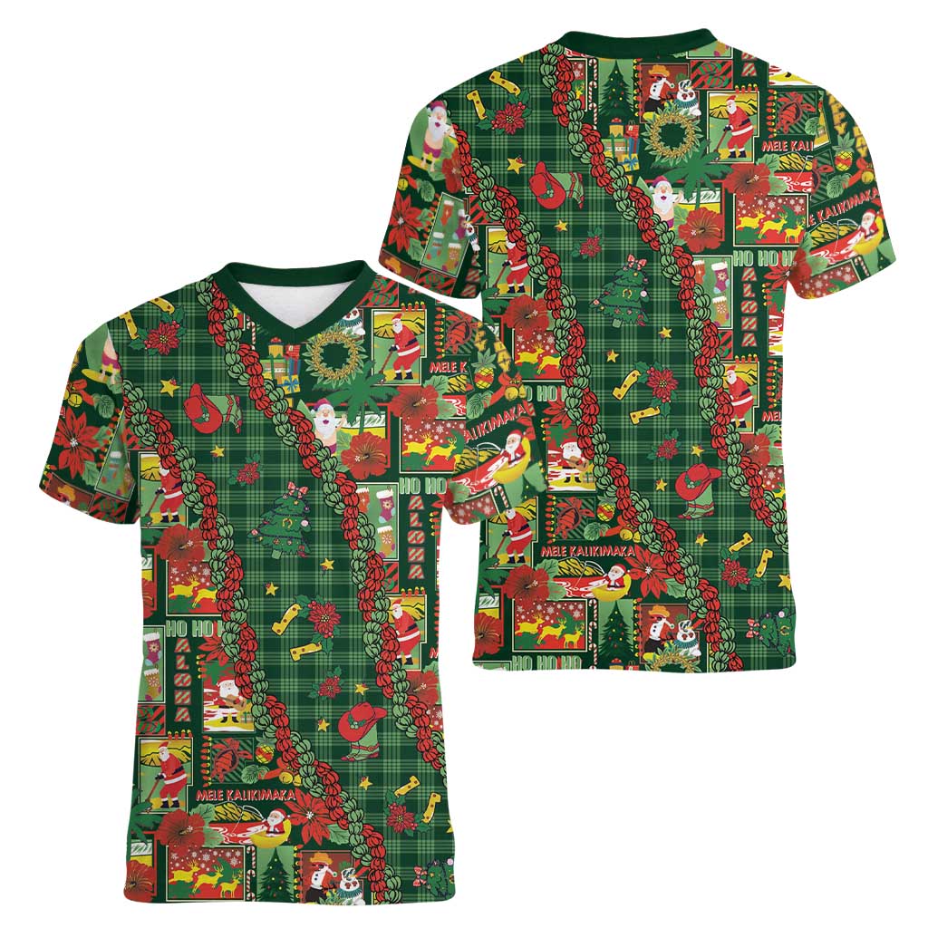 Mele Kalikimaka Pakalana Pikake Lei Women V-Neck T-Shirt Hawaiian Rodeo Paniolo Ulaula Palaka LT9 - Polynesian Pride