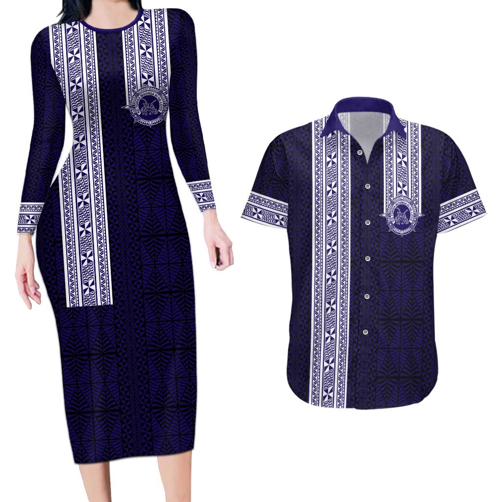 Tonga Queen Salote College 100 years Couples Matching Long Sleeve Bodycon Dress and Hawaiian Shirt QSC 1926-2026 Tongan Pattern LT9 Blue - Polynesian Pride