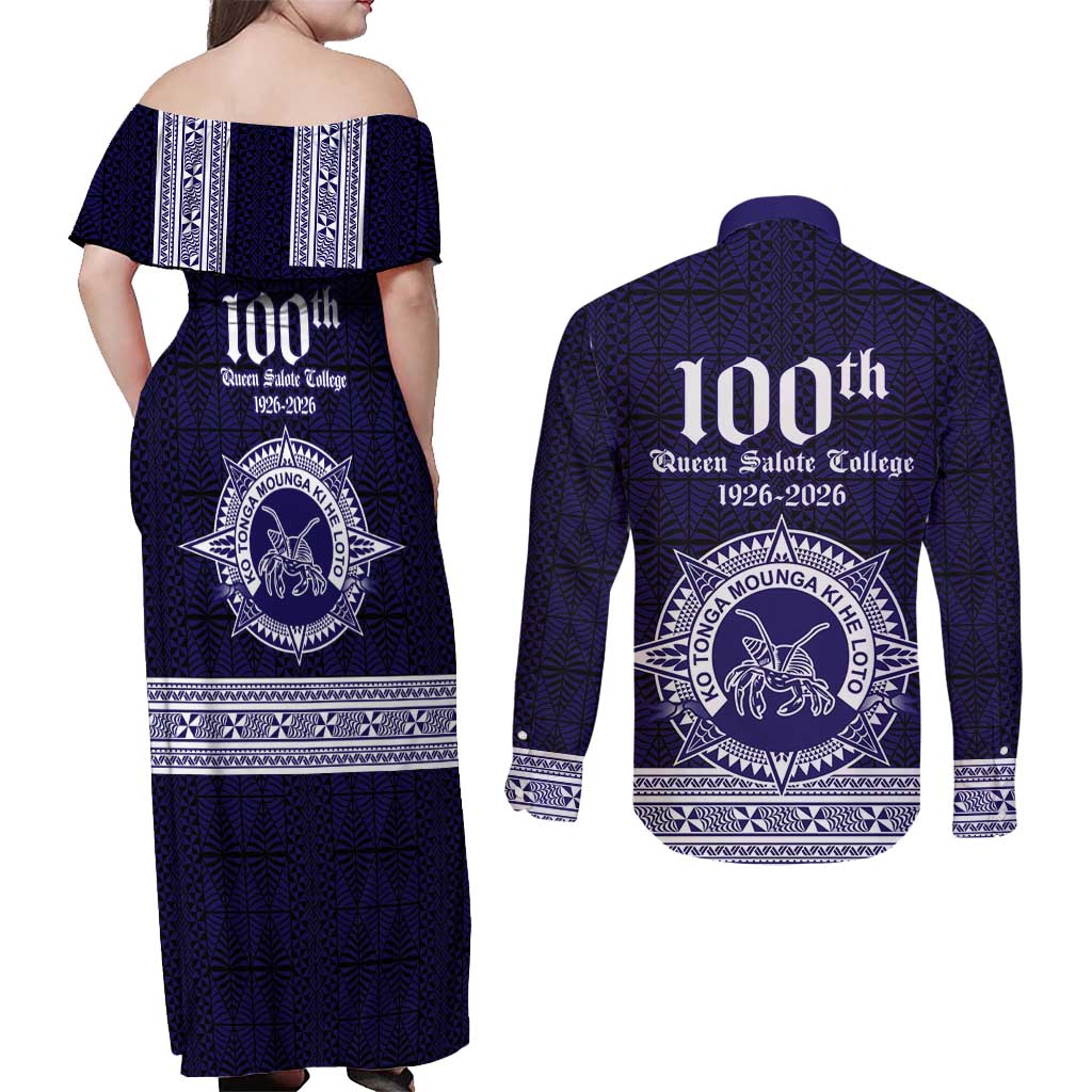 Tonga Queen Salote College 100 years Couples Matching Off Shoulder Maxi Dress and Long Sleeve Button Shirt QSC 1926-2026 Tongan Pattern