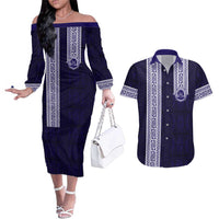 Tonga Queen Salote College 100 years Couples Matching Off The Shoulder Long Sleeve Dress and Hawaiian Shirt QSC 1926-2026 Tongan Pattern LT9 Blue - Polynesian Pride