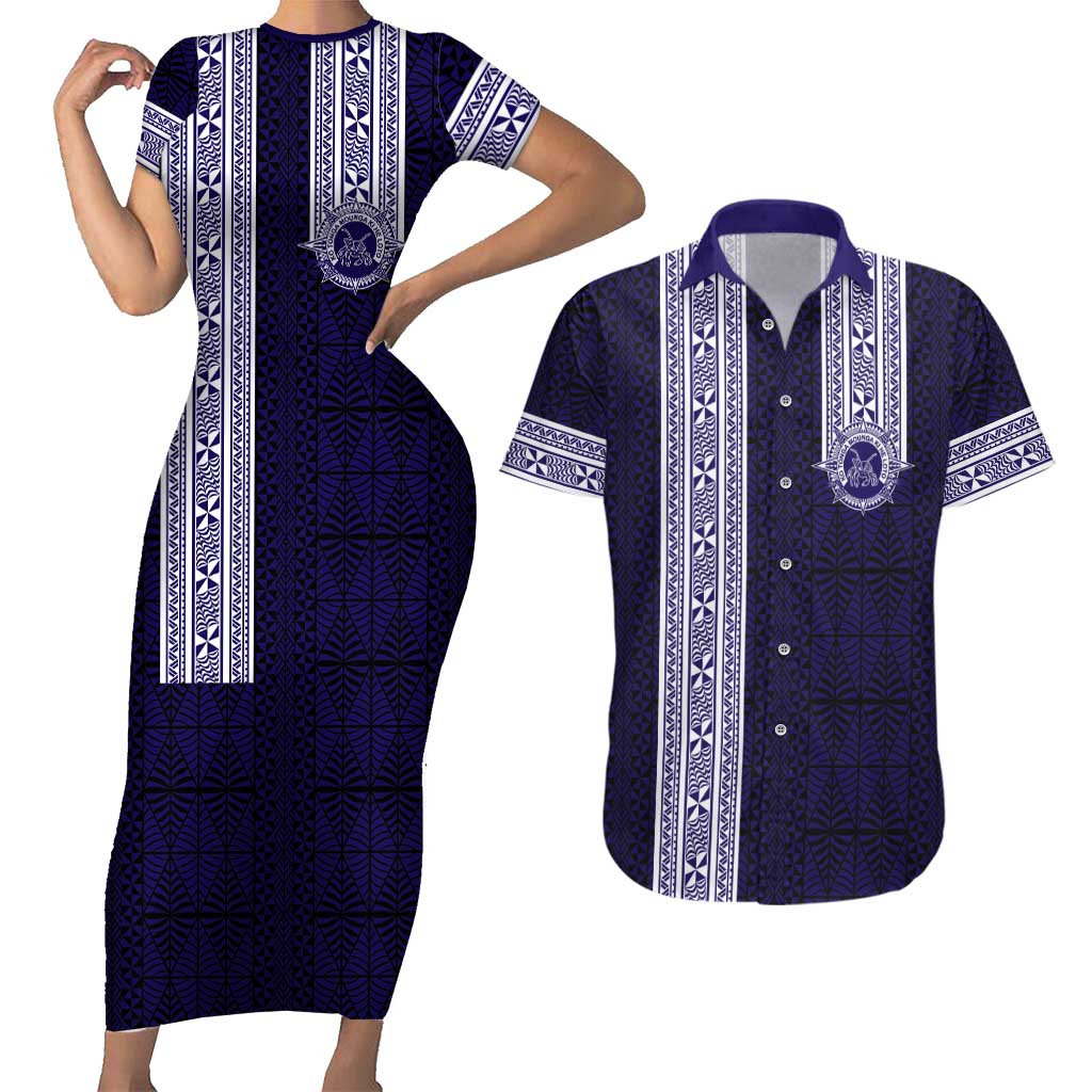 Tonga Queen Salote College 100 years Couples Matching Short Sleeve Bodycon Dress and Hawaiian Shirt QSC 1926-2026 Tongan Pattern LT9 Blue - Polynesian Pride