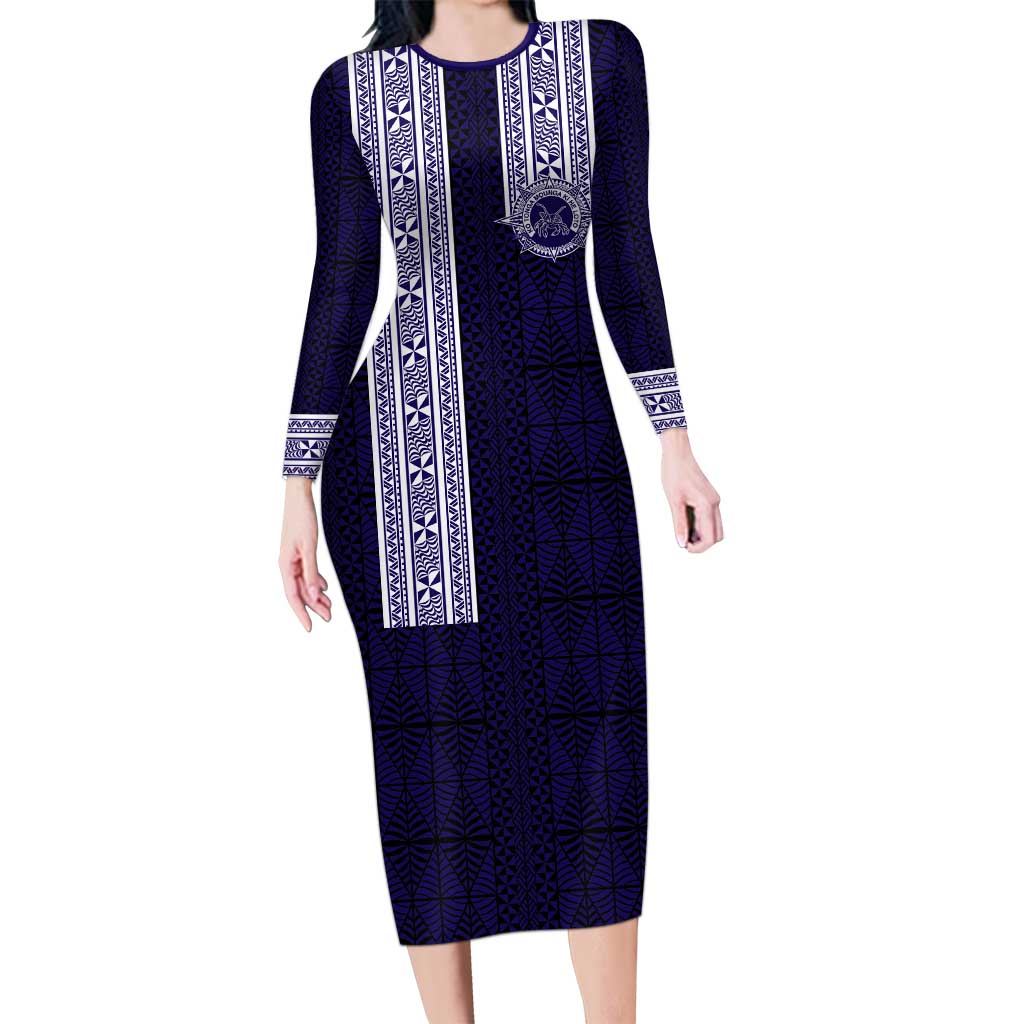 Tonga Queen Salote College 100 years Family Matching Long Sleeve Bodycon Dress and Hawaiian Shirt QSC 1926-2026 Tongan Pattern LT9 Mom's Dress Blue - Polynesian Pride