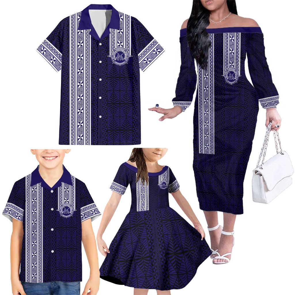 Tonga Queen Salote College 100 years Family Matching Off The Shoulder Long Sleeve Dress and Hawaiian Shirt QSC 1926-2026 Tongan Pattern LT9 - Polynesian Pride