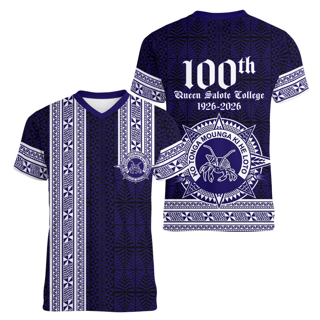 Tonga Queen Salote College 100 years Women V-Neck T-Shirt QSC 1926-2026 Tongan Pattern