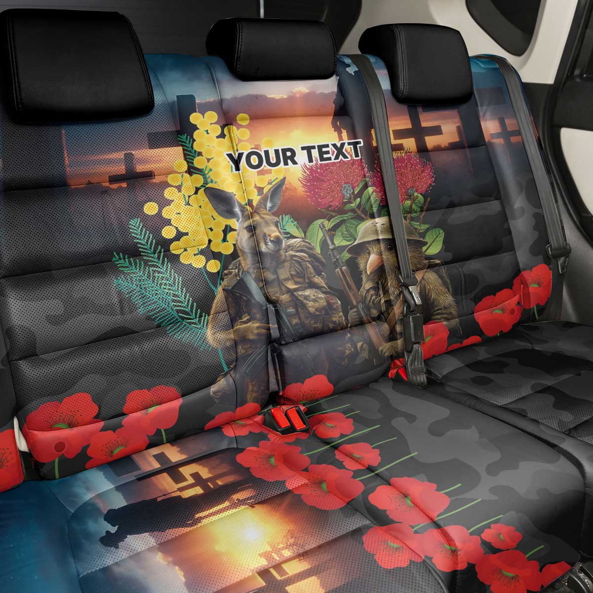 Kangaroo-Kiwi Soldier ANZAC Personalised Back Car Seat Cover Golden Wattle and Pohutukawa Flowers