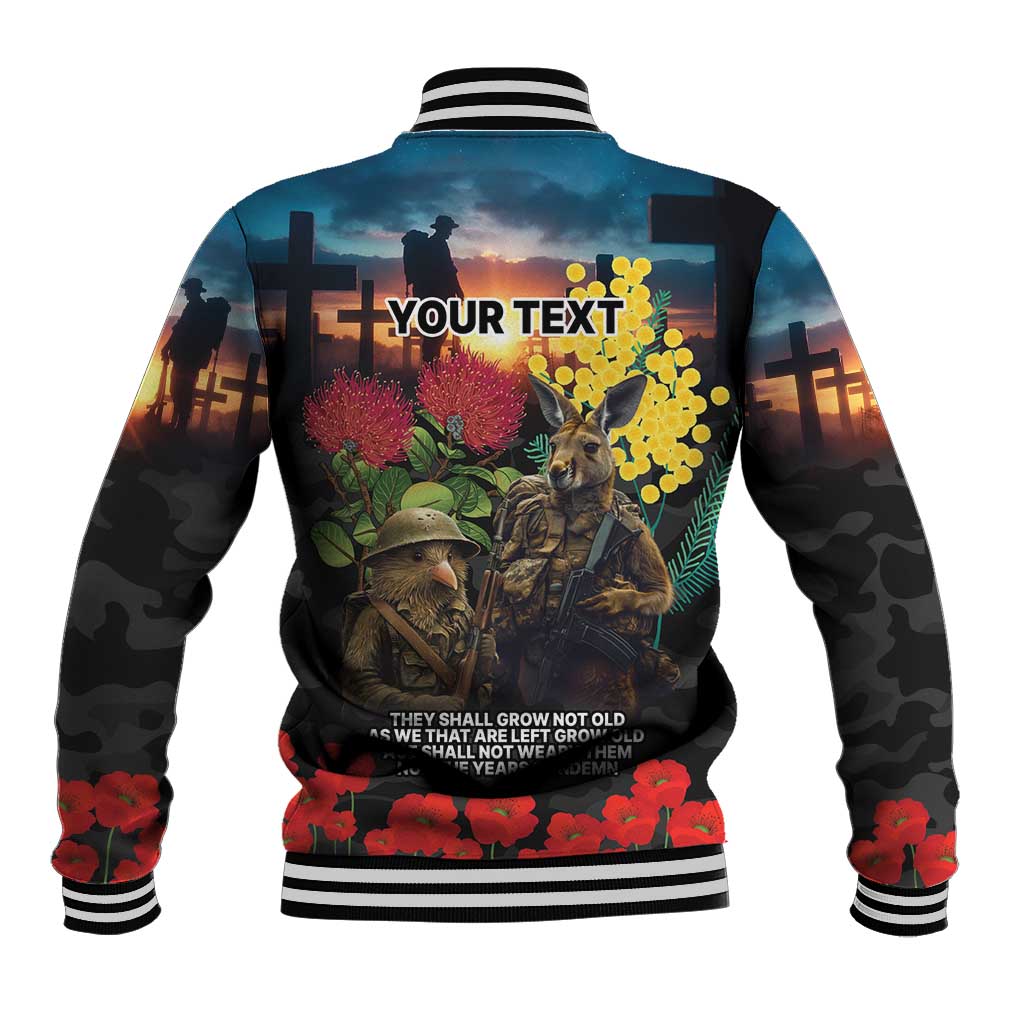 Kangaroo-Kiwi Soldier ANZAC Personalised Baseball Jacket Golden Wattle and Pohutukawa Flowers