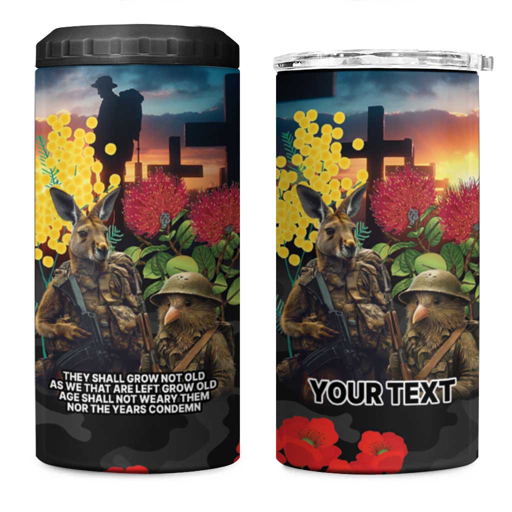 Kangaroo-Kiwi Soldier ANZAC Personalised 4 in 1 Can Cooler Tumbler Golden Wattle and Pohutukawa Flowers LT9 One Size: 16 oz Black - Polynesian Pride