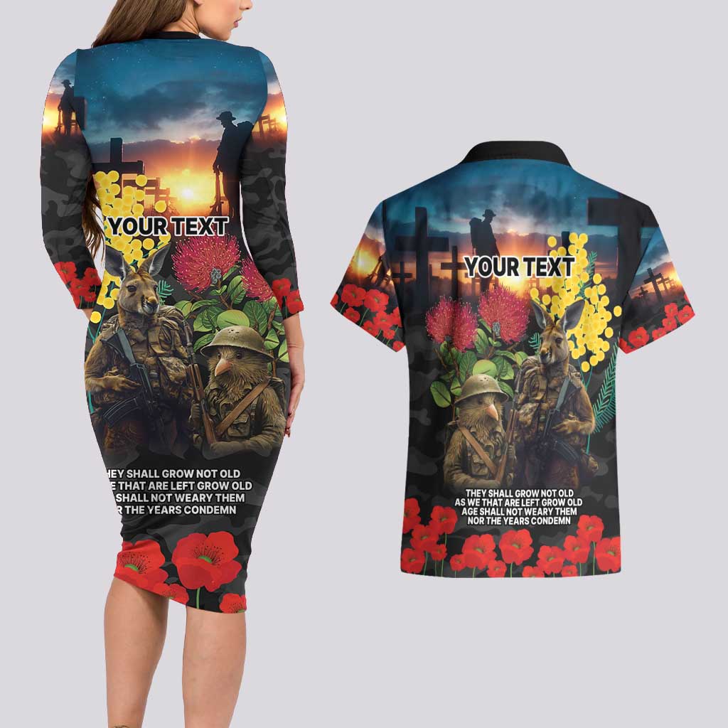 Kangaroo-Kiwi Soldier ANZAC Personalised Couples Matching Long Sleeve Bodycon Dress and Hawaiian Shirt Golden Wattle and Pohutukawa Flowers LT9 - Polynesian Pride