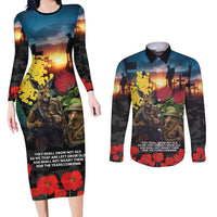 Kangaroo-Kiwi Soldier ANZAC Personalised Couples Matching Long Sleeve Bodycon Dress and Long Sleeve Button Shirt Golden Wattle and Pohutukawa Flowers LT9 Black - Polynesian Pride
