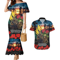 Kangaroo-Kiwi Soldier ANZAC Personalised Couples Matching Mermaid Dress and Hawaiian Shirt Golden Wattle and Pohutukawa Flowers LT9 Black - Polynesian Pride