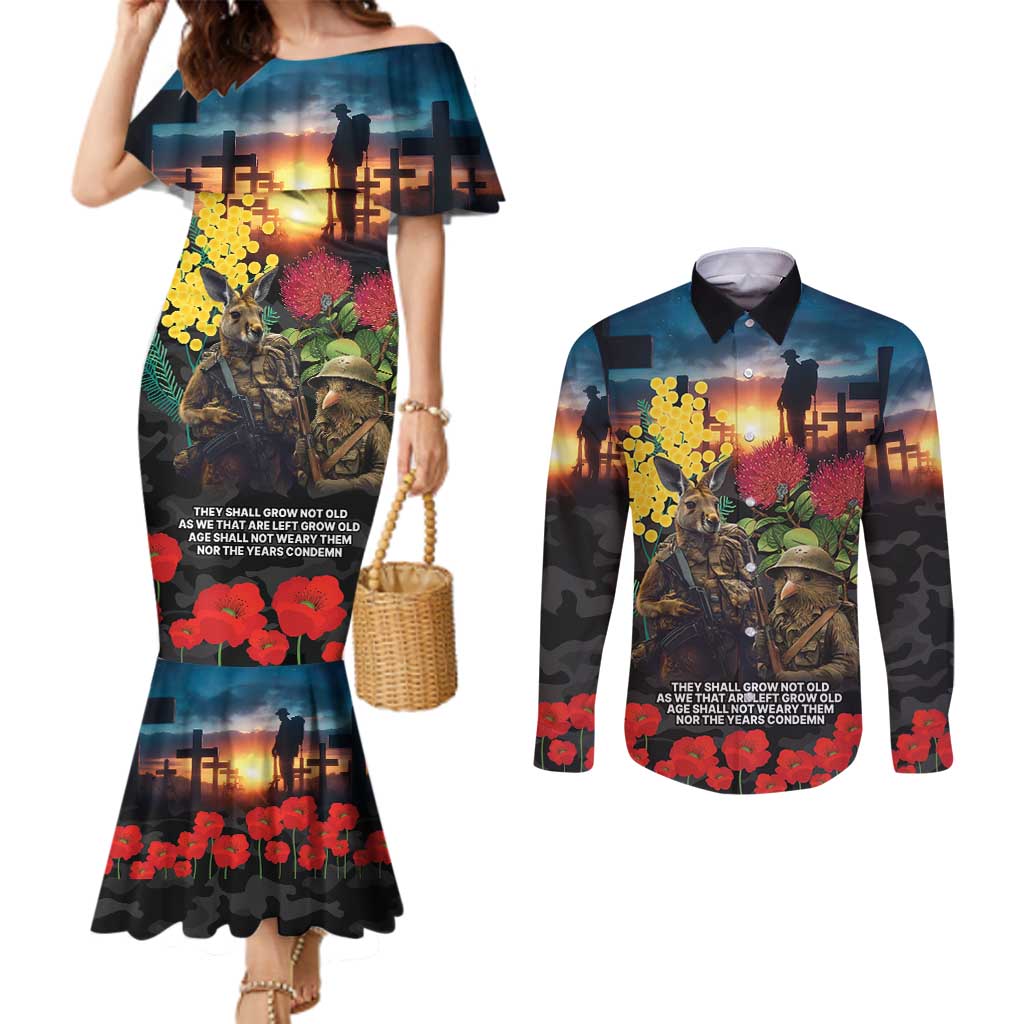 Kangaroo-Kiwi Soldier ANZAC Personalised Couples Matching Mermaid Dress and Long Sleeve Button Shirt Golden Wattle and Pohutukawa Flowers LT9 Black - Polynesian Pride