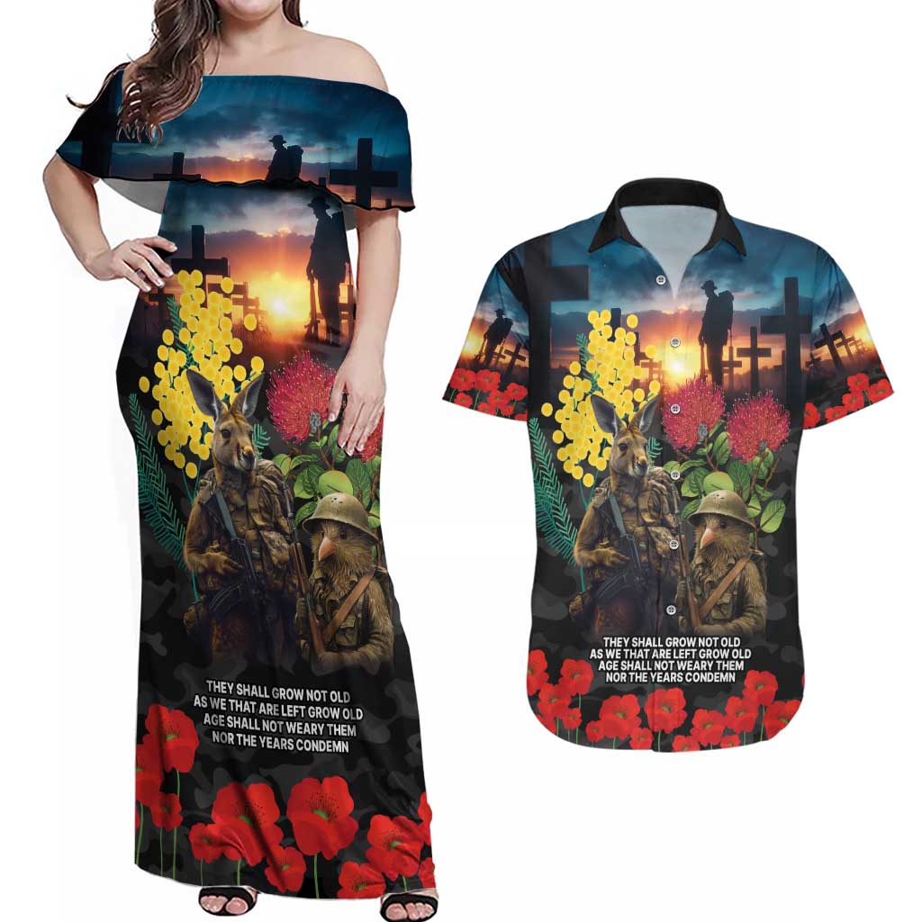 Kangaroo-Kiwi Soldier ANZAC Personalised Couples Matching Off Shoulder Maxi Dress and Hawaiian Shirt Golden Wattle and Pohutukawa Flowers LT9 Black - Polynesian Pride