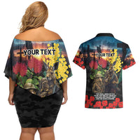 Kangaroo-Kiwi Soldier ANZAC Personalised Couples Matching Off Shoulder Short Dress and Hawaiian Shirt Golden Wattle and Pohutukawa Flowers LT9 - Polynesian Pride
