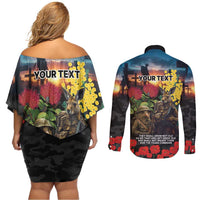 Kangaroo-Kiwi Soldier ANZAC Personalised Couples Matching Off Shoulder Short Dress and Long Sleeve Button Shirt Golden Wattle and Pohutukawa Flowers LT9 - Polynesian Pride