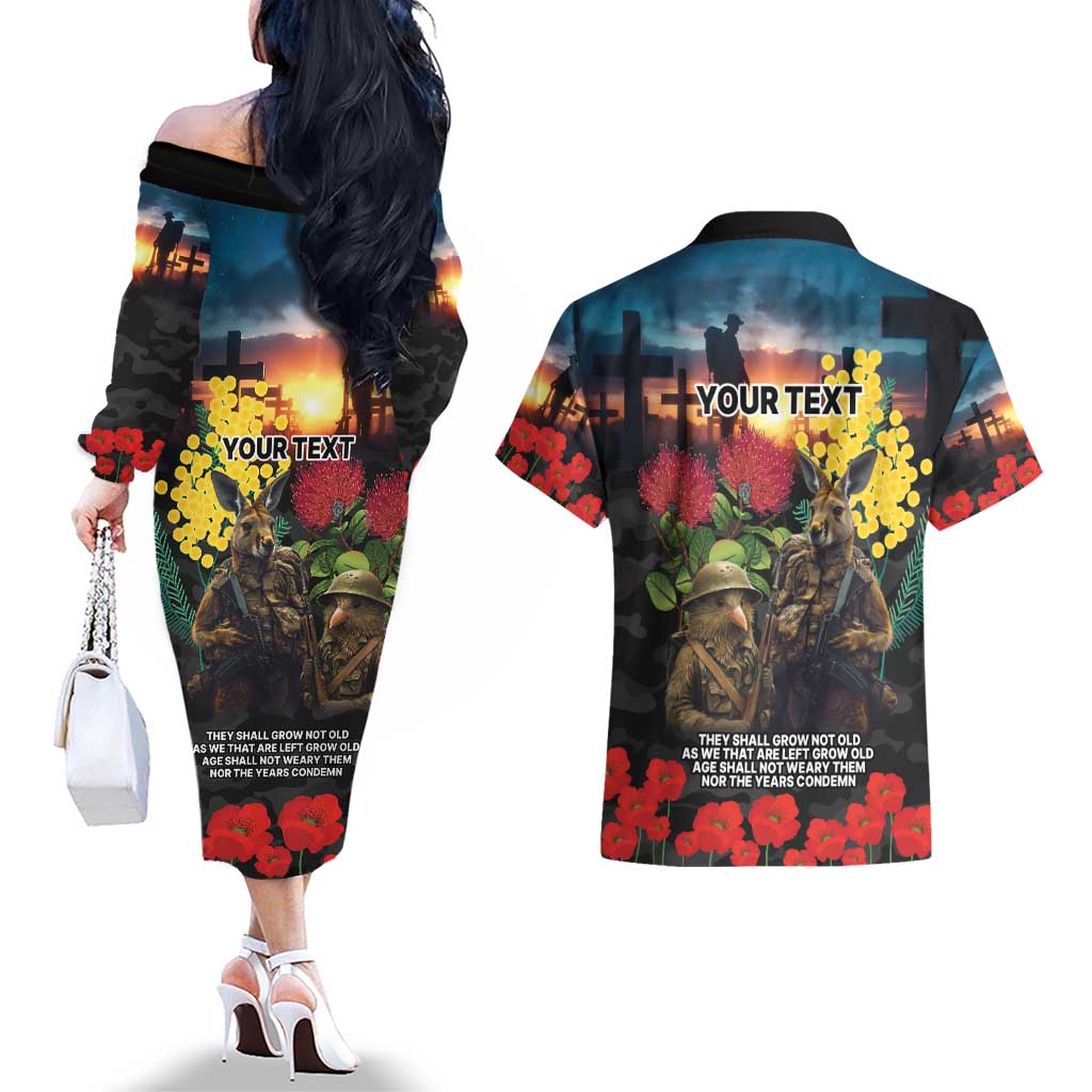 Kangaroo-Kiwi Soldier ANZAC Personalised Couples Matching Off The Shoulder Long Sleeve Dress and Hawaiian Shirt Golden Wattle and Pohutukawa Flowers LT9 - Polynesian Pride