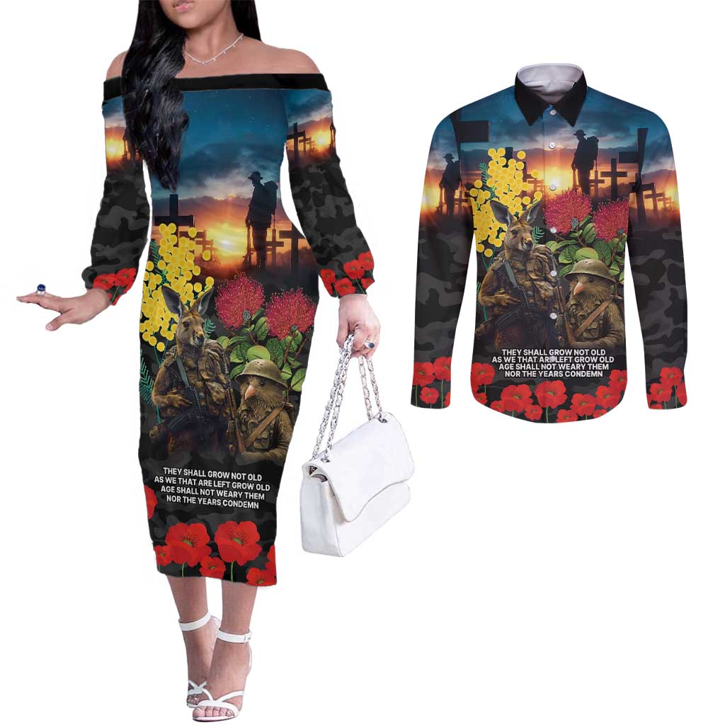 Kangaroo-Kiwi Soldier ANZAC Personalised Couples Matching Off The Shoulder Long Sleeve Dress and Long Sleeve Button Shirt Golden Wattle and Pohutukawa Flowers LT9 Black - Polynesian Pride
