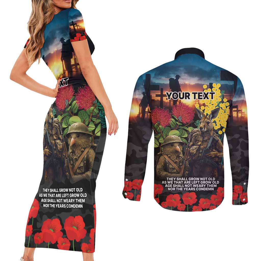 Kangaroo-Kiwi Soldier ANZAC Personalised Couples Matching Short Sleeve Bodycon Dress and Long Sleeve Button Shirt Golden Wattle and Pohutukawa Flowers LT9 - Polynesian Pride
