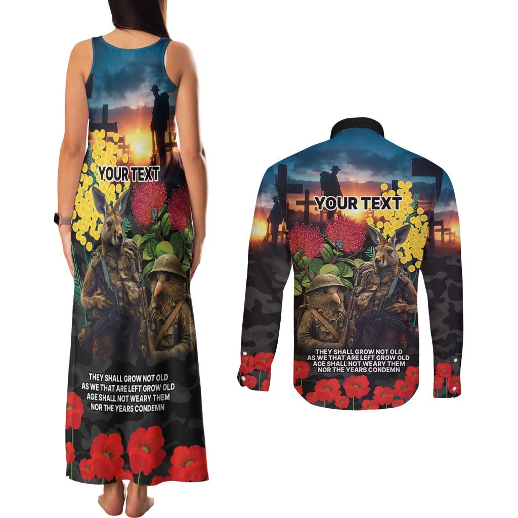 Kangaroo-Kiwi Soldier ANZAC Personalised Couples Matching Tank Maxi Dress and Long Sleeve Button Shirt Golden Wattle and Pohutukawa Flowers LT9 - Polynesian Pride