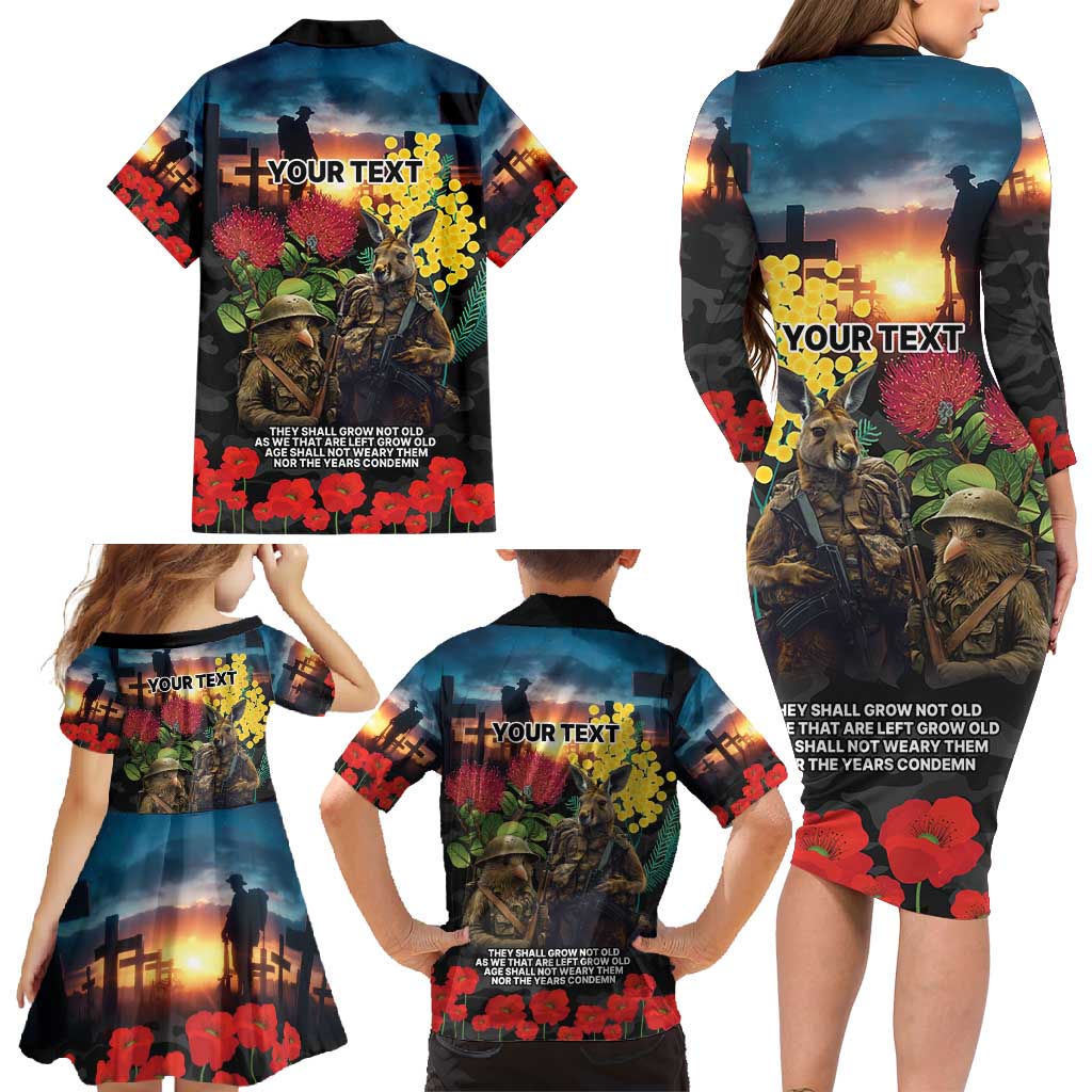 Kangaroo-Kiwi Soldier ANZAC Personalised Family Matching Long Sleeve Bodycon Dress and Hawaiian Shirt Golden Wattle and Pohutukawa Flowers LT9 - Polynesian Pride