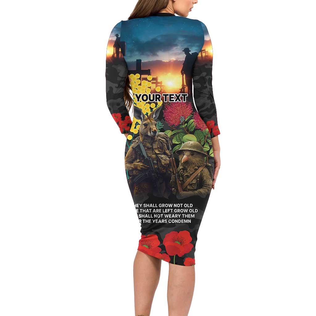 Kangaroo-Kiwi Soldier ANZAC Personalised Family Matching Long Sleeve Bodycon Dress and Hawaiian Shirt Golden Wattle and Pohutukawa Flowers LT9 - Polynesian Pride