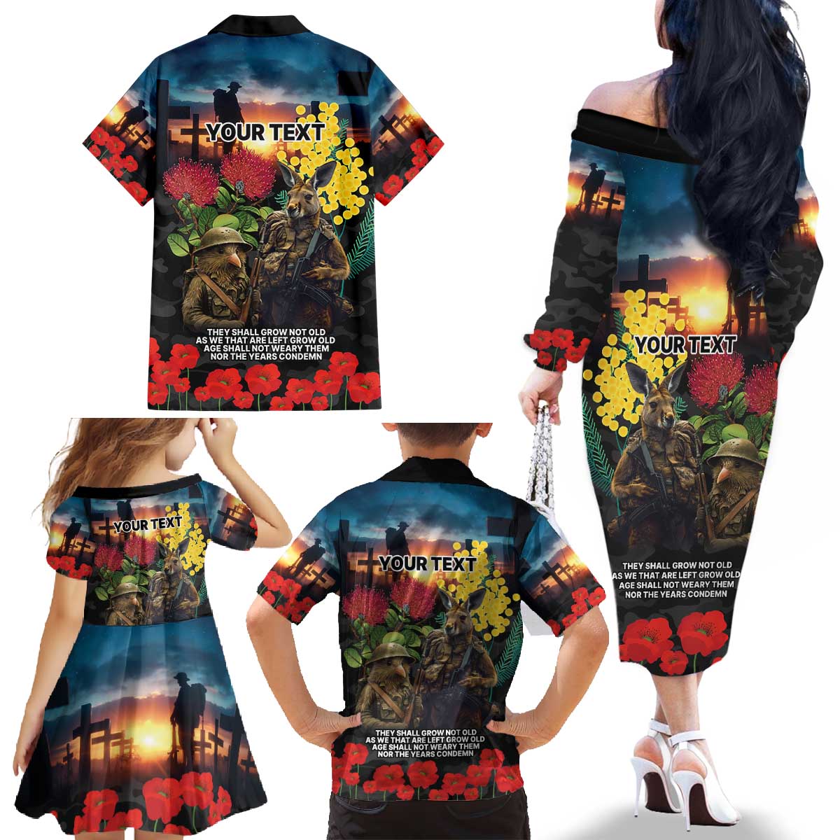 Kangaroo-Kiwi Soldier ANZAC Personalised Family Matching Off The Shoulder Long Sleeve Dress and Hawaiian Shirt Golden Wattle and Pohutukawa Flowers LT9 - Polynesian Pride