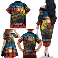 Kangaroo-Kiwi Soldier ANZAC Personalised Family Matching Off The Shoulder Long Sleeve Dress and Hawaiian Shirt Golden Wattle and Pohutukawa Flowers LT9 - Polynesian Pride