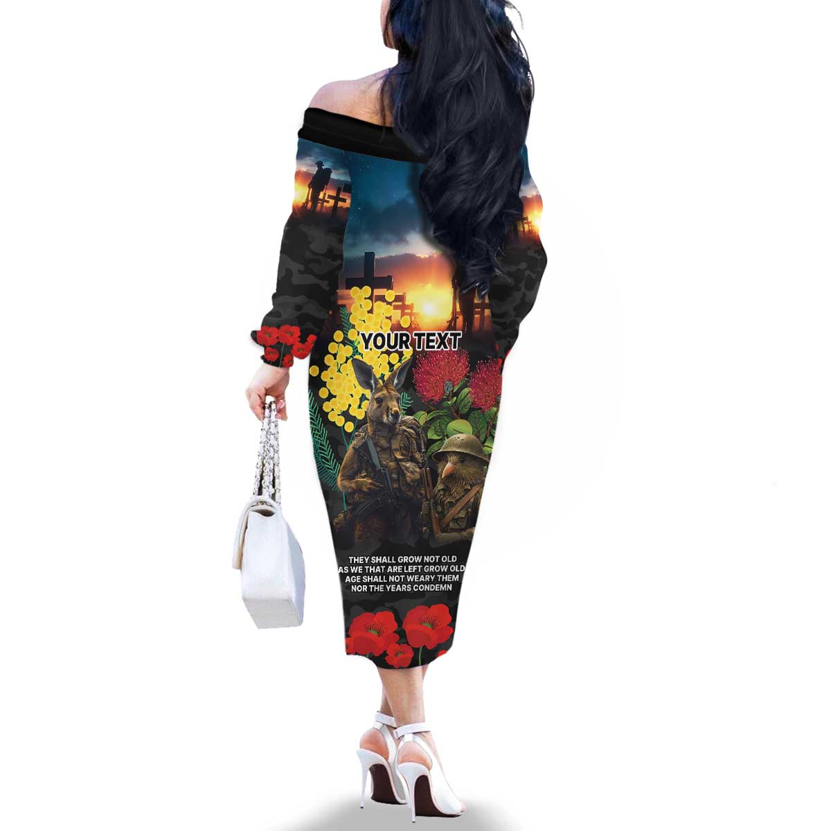 Kangaroo-Kiwi Soldier ANZAC Personalised Family Matching Off The Shoulder Long Sleeve Dress and Hawaiian Shirt Golden Wattle and Pohutukawa Flowers LT9 - Polynesian Pride