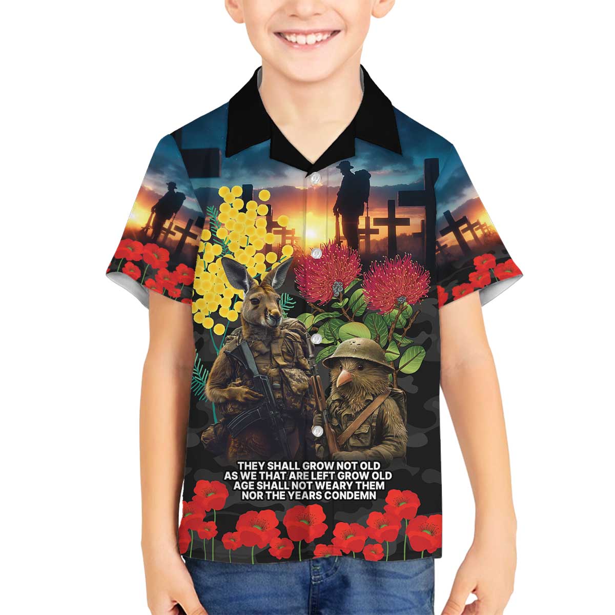 Kangaroo-Kiwi Soldier ANZAC Personalised Family Matching Off The Shoulder Long Sleeve Dress and Hawaiian Shirt Golden Wattle and Pohutukawa Flowers LT9 Son's Shirt Black - Polynesian Pride
