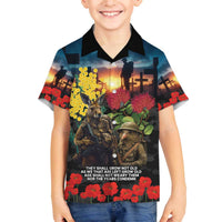 Kangaroo-Kiwi Soldier ANZAC Personalised Family Matching Off The Shoulder Long Sleeve Dress and Hawaiian Shirt Golden Wattle and Pohutukawa Flowers LT9 Son's Shirt Black - Polynesian Pride