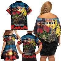 Kangaroo-Kiwi Soldier ANZAC Personalised Family Matching Off Shoulder Short Dress and Hawaiian Shirt Golden Wattle and Pohutukawa Flowers LT9 - Polynesian Pride
