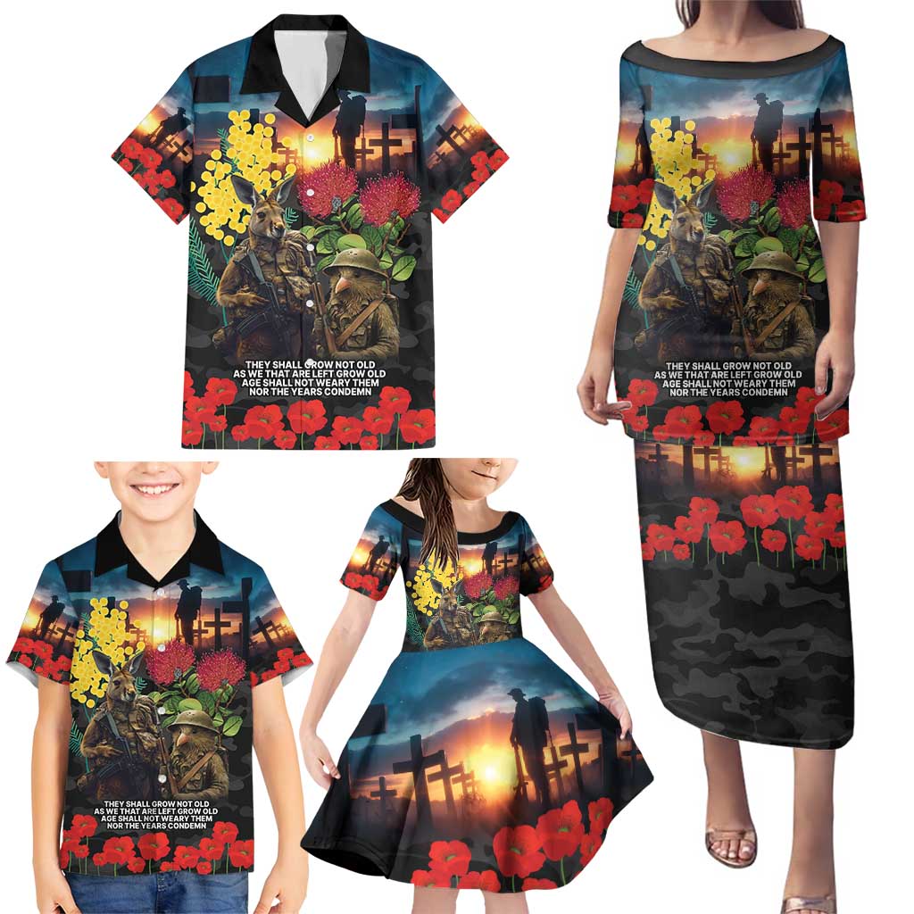 Kangaroo-Kiwi Soldier ANZAC Personalised Family Matching Puletasi and Hawaiian Shirt Golden Wattle and Pohutukawa Flowers LT9 - Polynesian Pride