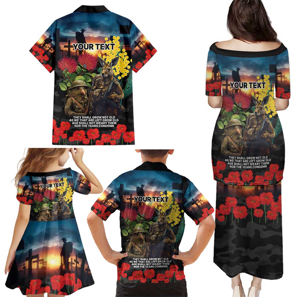 Kangaroo-Kiwi Soldier ANZAC Personalised Family Matching Puletasi and Hawaiian Shirt Golden Wattle and Pohutukawa Flowers LT9 - Polynesian Pride