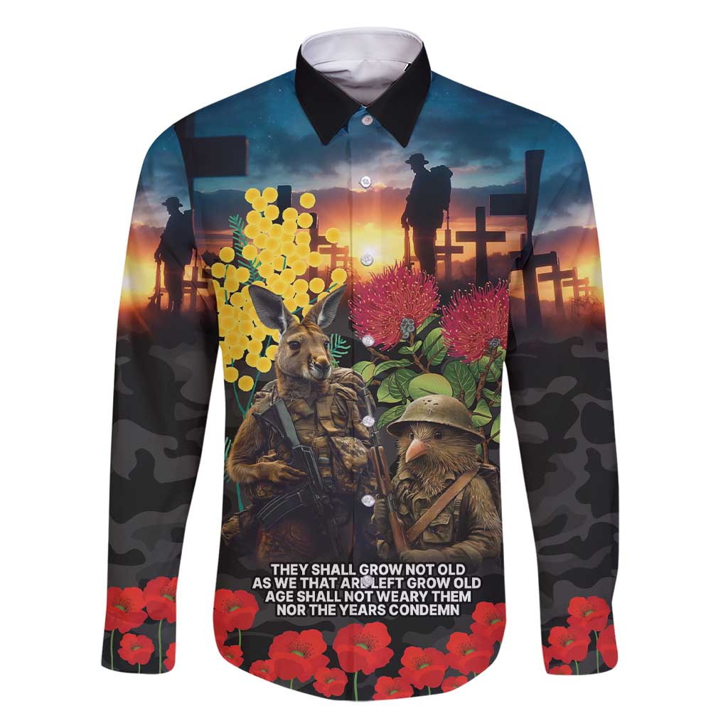 Kangaroo-Kiwi Soldier ANZAC Personalised Family Matching Short Sleeve Bodycon Dress and Hawaiian Shirt Golden Wattle and Pohutukawa Flowers LT9 Dad's Shirt - Long Sleeve Black - Polynesian Pride